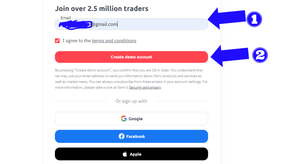 How to open deriv account; input email